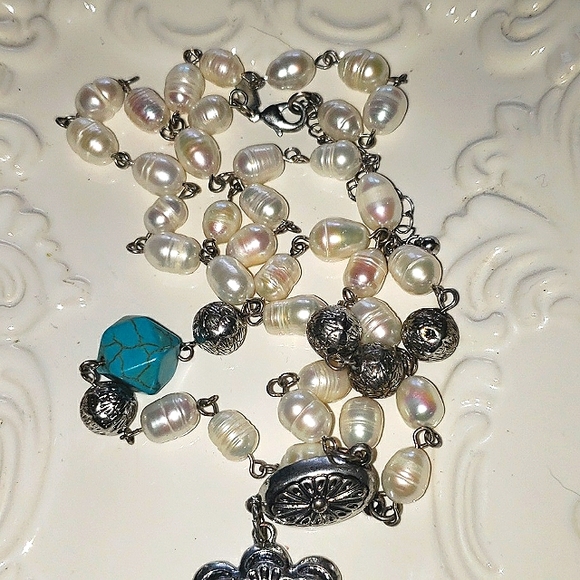 Shyanne Genuine Baroque Pearl Western Silver and Turquoise Necklace - Picture 3 of 7